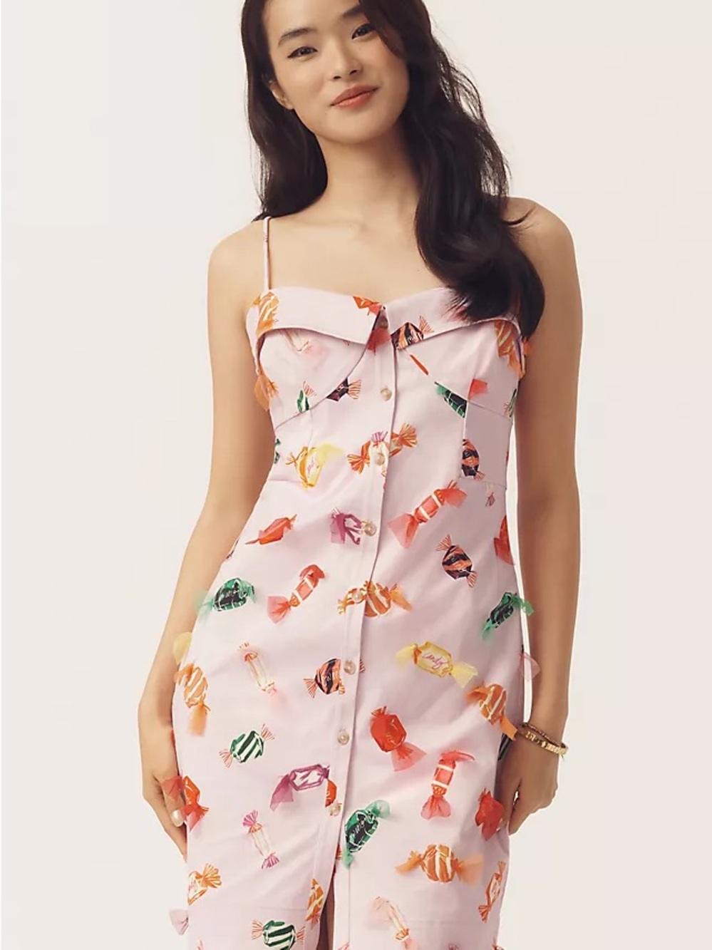 Pink Candy Print Button-Front Midi Dress